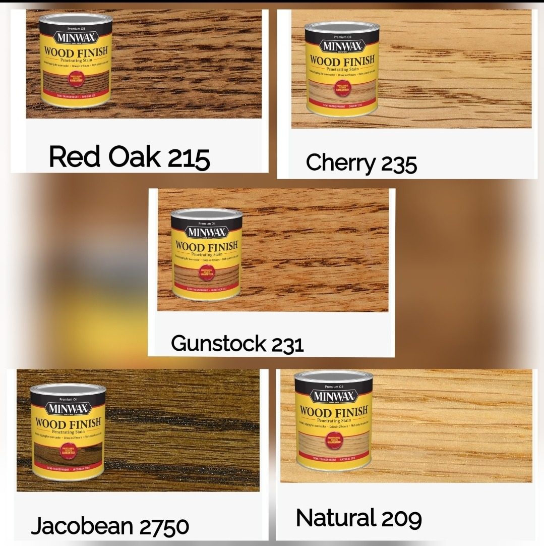 Wood stains: Red Oak 215, Cherry 235, Gunstock 231, Jacobean 2750, Natural 209